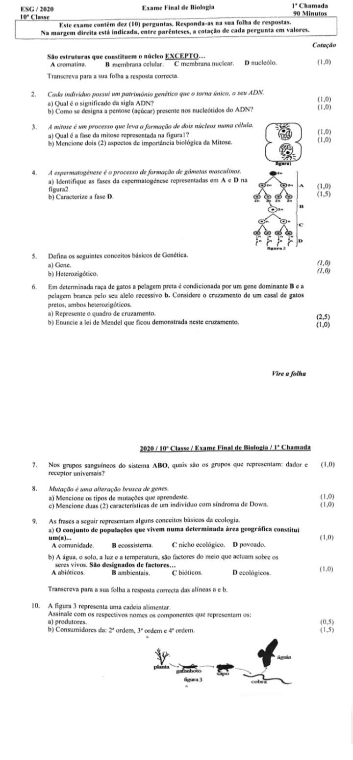 Exame de biologia 10ª 2020(1ª época)
