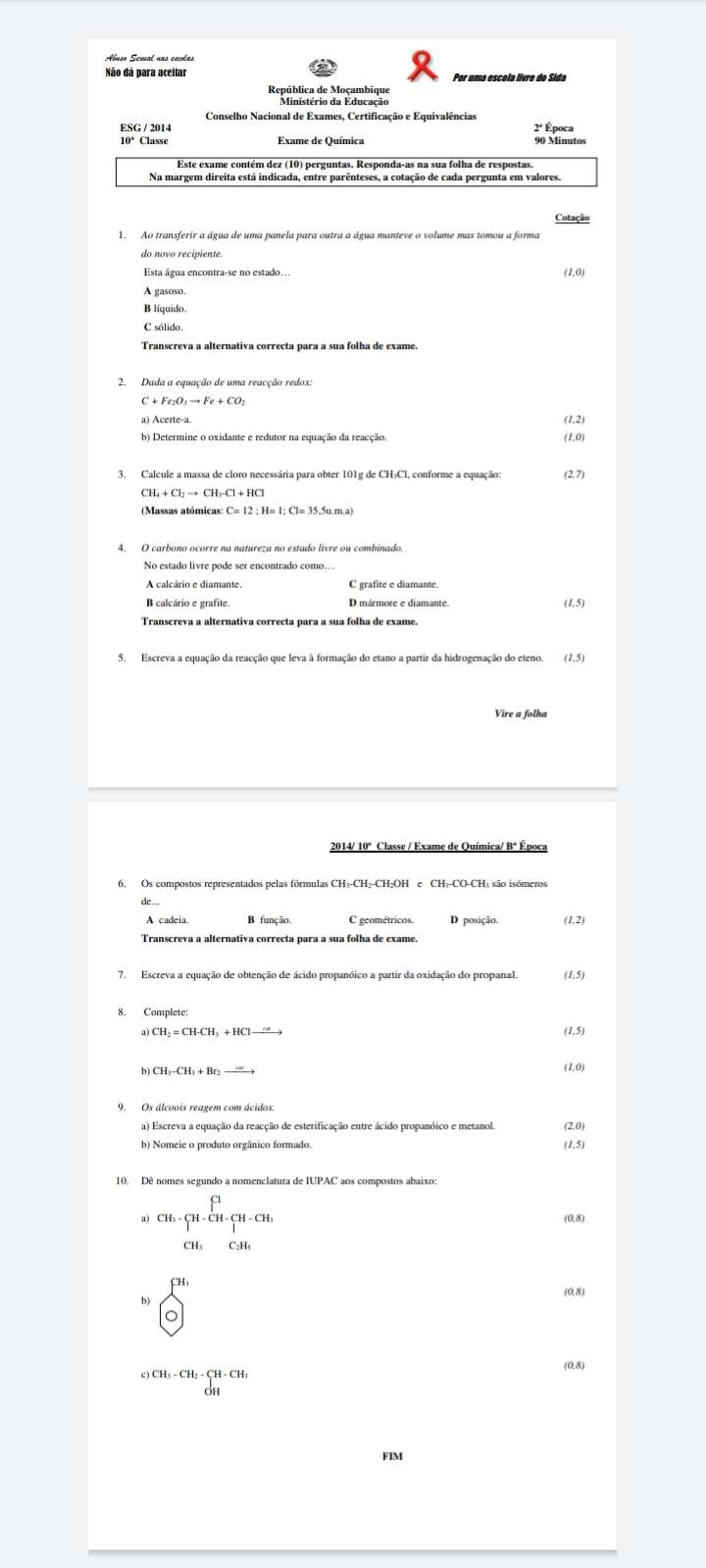 Exame de química 10ª 2014(1ª época)