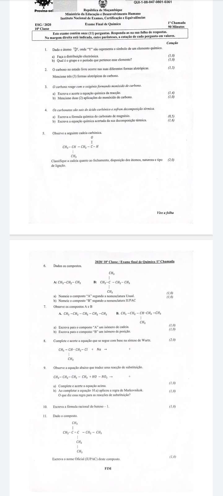Exame de química 10ª classe 2020(1ª época)