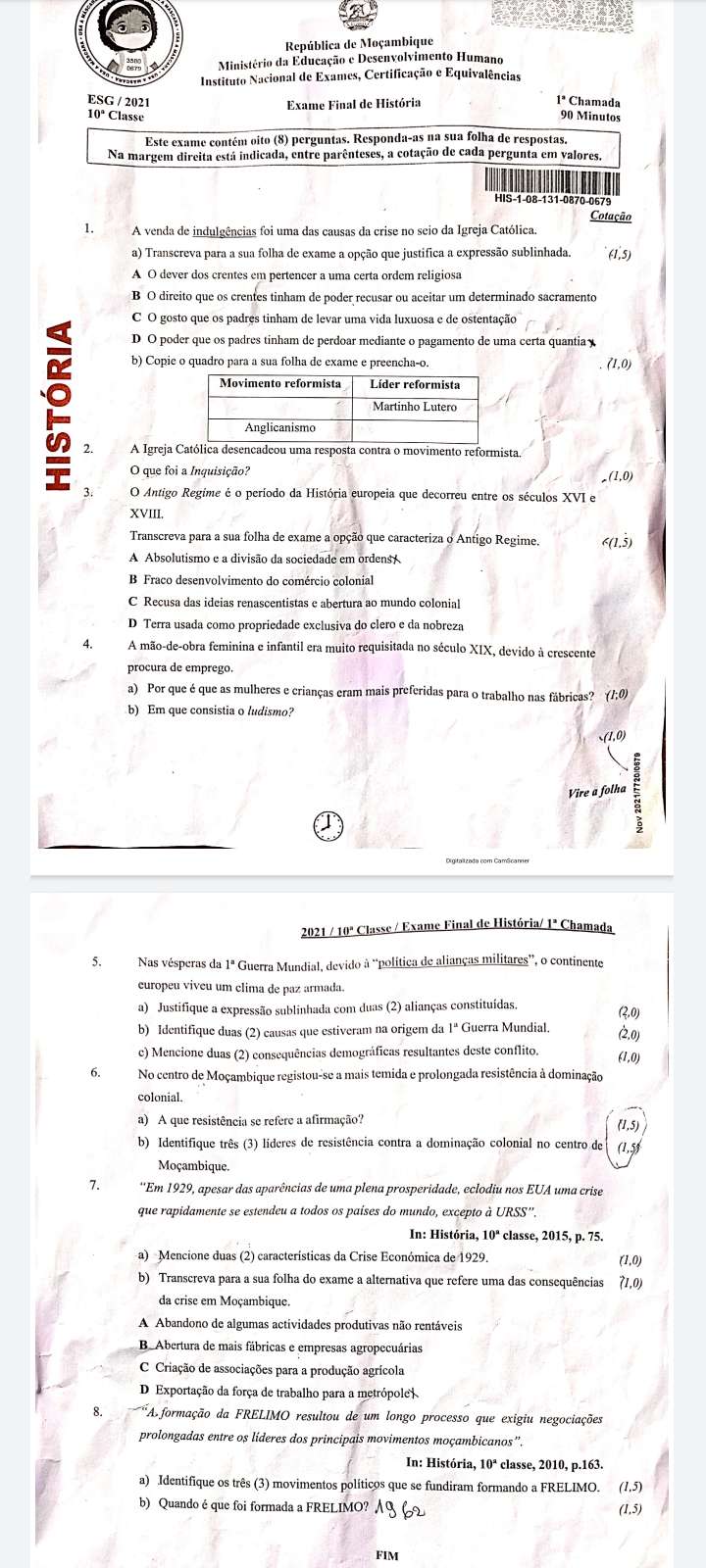 Exame de história 10ª 2021(1ª época)