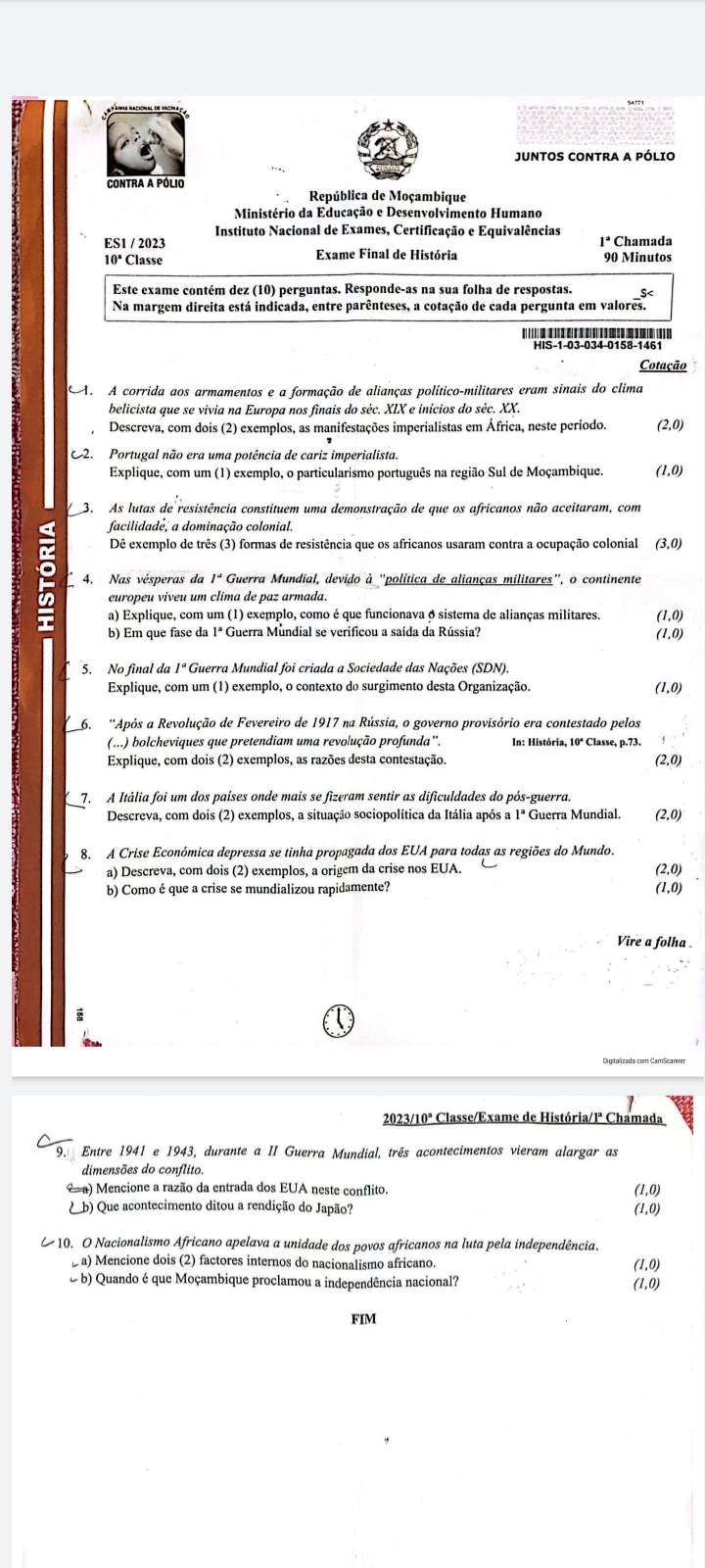 Exame de história 10ª 2023(1ª época)